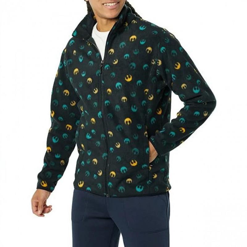 Mens Fleece Zip-Up Hoodless Jacket Cartoon Print Regular Fit Teens Casual Wear