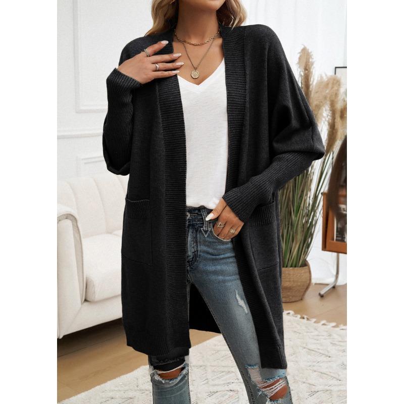 Women Bat Sleeve Cardigan Solid Color Knit Sweater Cardigan Coat