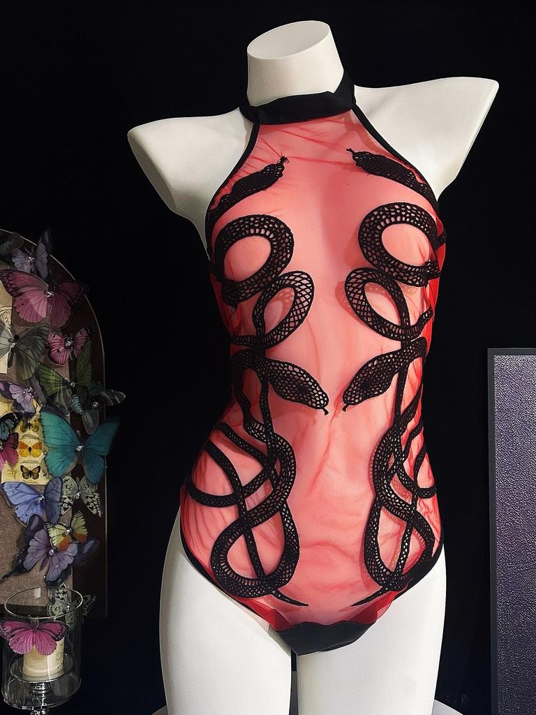 Sexy Sheer New Sexy Mesh Snake Embroidery Lace Jumpsuit Ultra-thin Sexy Sleepwear For Women Rompers Clothing Body Suits FC9B