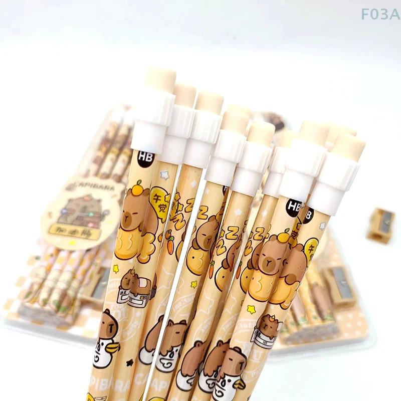 Cute Cartoon Capybara HB Pencils Set Includes Pencil Sharpener Perfect School Stationery Gift for Students