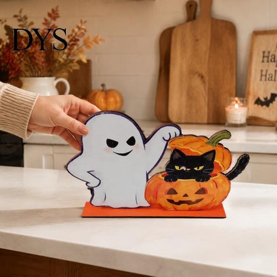 Hand Painted Holiday Tabletop Statues Halloween Wooden Ghost And Pumpkin Black Cat Ornaments, Retro Creative Home Ornaments Cartoon Centerpiece