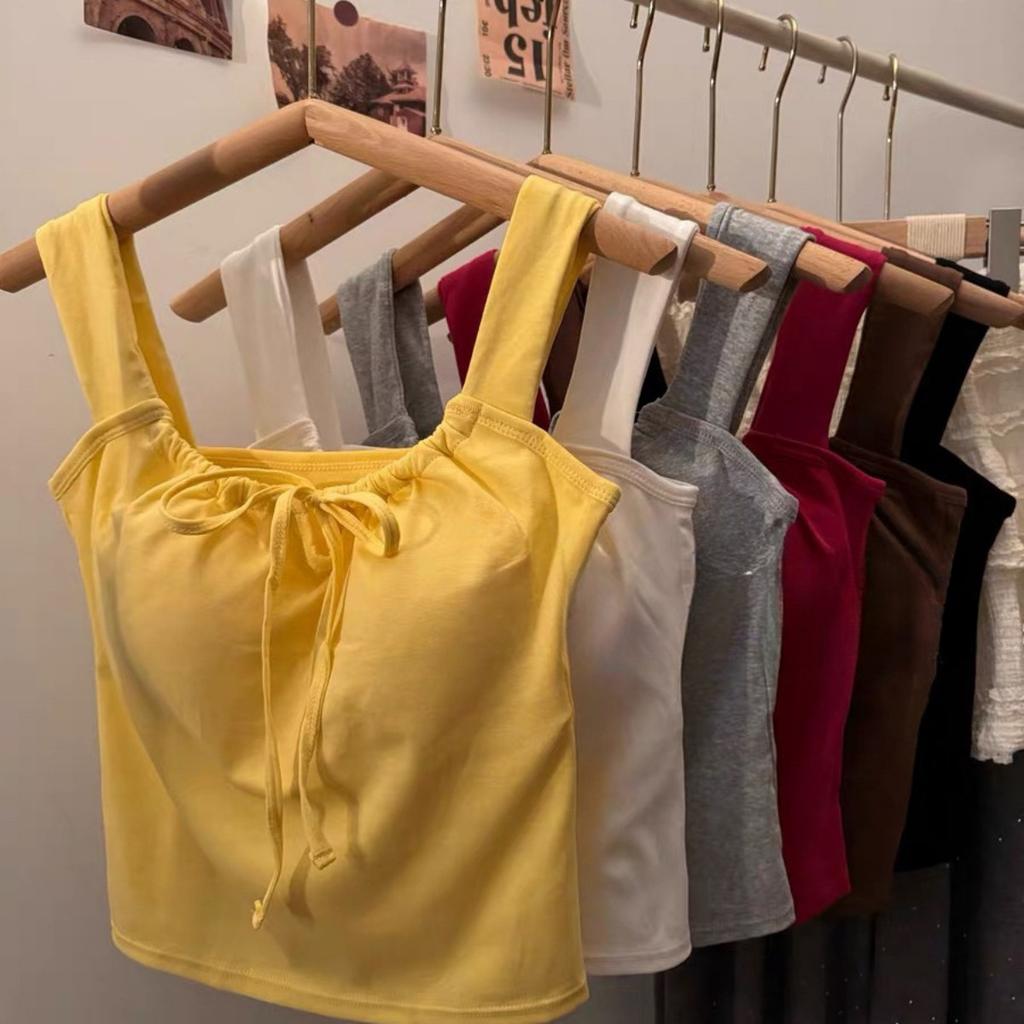 White Atmosphere Feeling Camisole Undershirt Women, Versatile with Bra Pads Department, with Bow Short Models Outside Slim Bottoming Tops