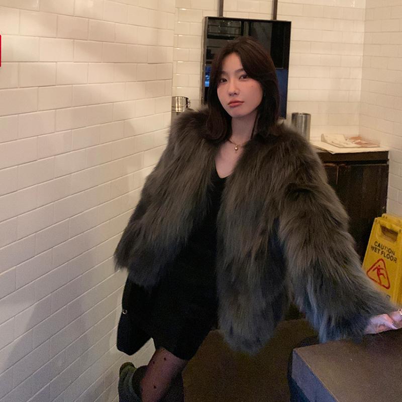 Winter New Elegant Long Sleeve Fox Fur Jackets Women Fashion Vintage Slim Plush Warm Casual Coats Women Solid Loose Office Ladies Jacket Tops 25879
