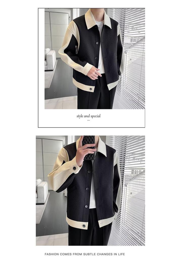 Men's Color Block Lapel Jacket - Korean Casual, Spring/Autumn Patchwork, Trendy High-End Feel