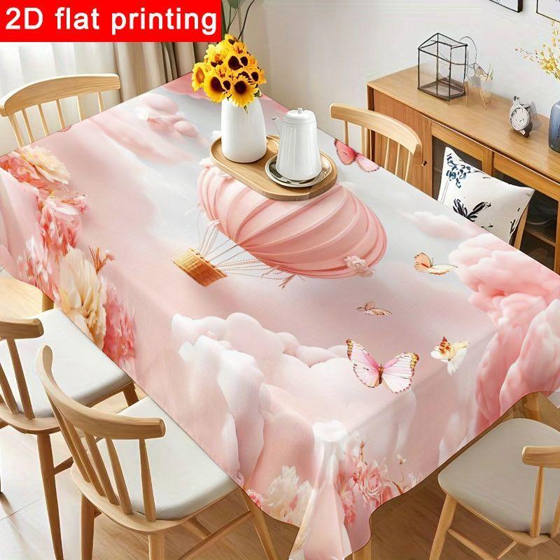 1pc Dreamy Pastel Hot Air Balloon Tablecloth - Soft Pink & White Floral Design Reusable Polyester for Birthday Party Decorations, Gatherings & Baby Sh