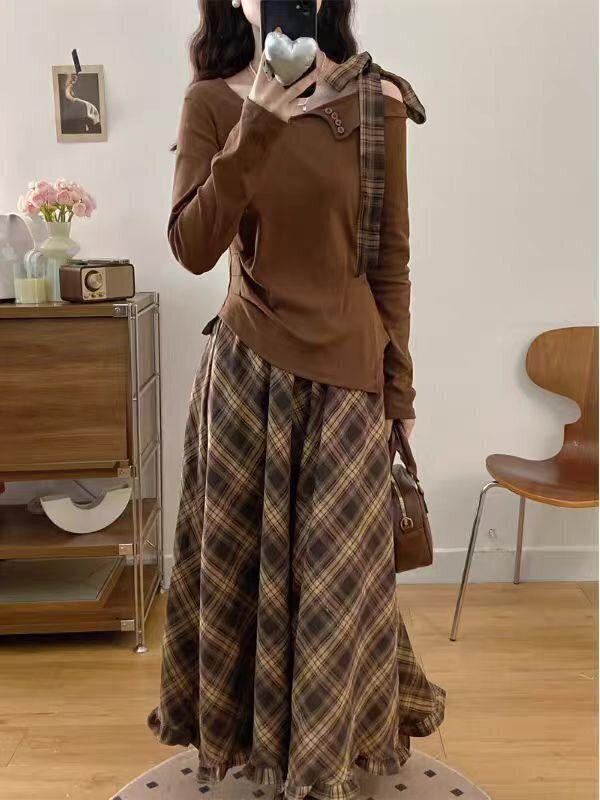Amber Plaid Two-Piece: Bow Long Sleeve Top & Retro Skirt Set