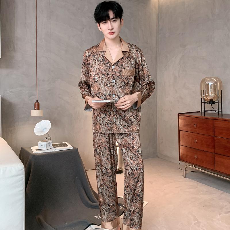 Ice silk pajamas men's spring and autumn long-sleeved high-end silk satin spring and autumn men's four-season thin loungewear