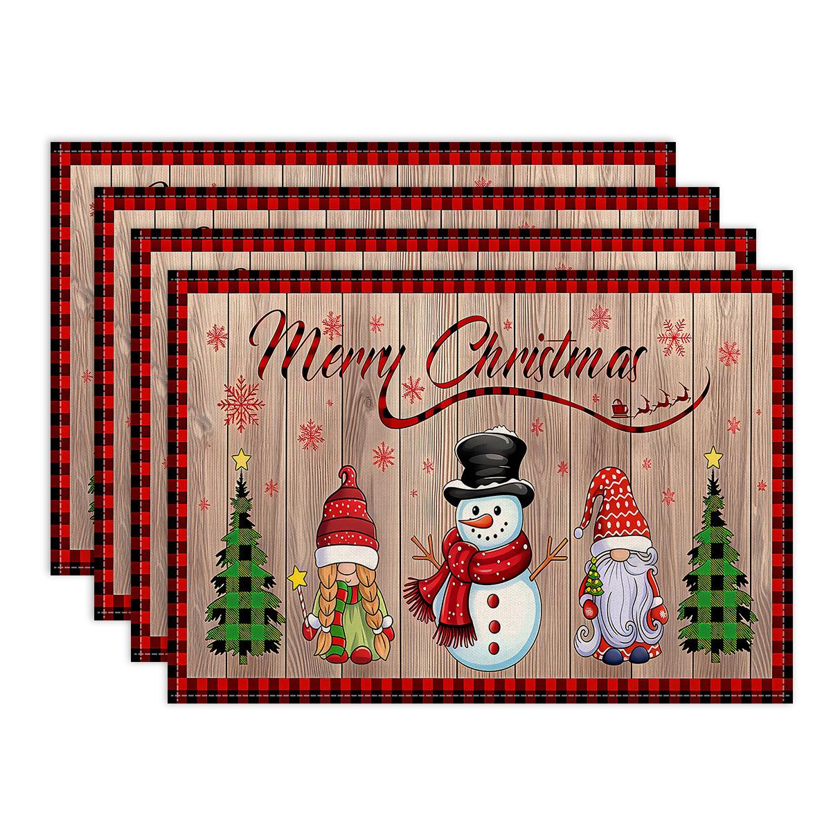 

4 шт. Рождественские подставки под тарелки - Праздничный дизайн снеговика, Санты и елки, Красные и клетчатые настольные салфетки для использования в помещении/на улице