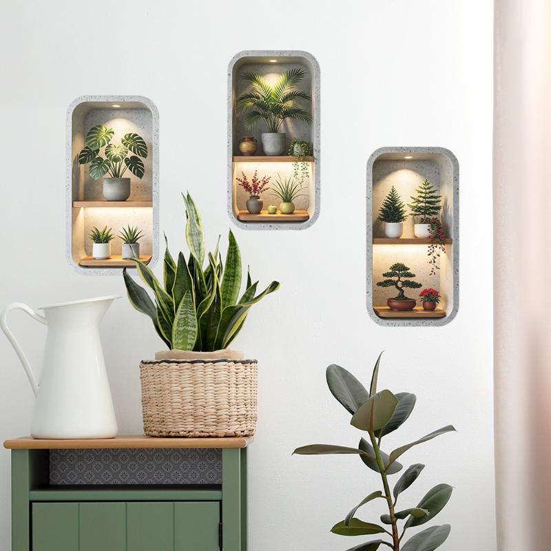 3Pcs Green Plants Wall Sticker Potted Simulation Painting For Living Room Home Decor Removable Decals