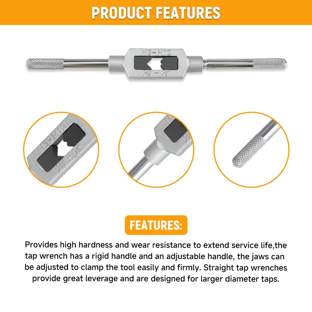 HOTECHE Tap and Die Zinc Alloy Carbon Steel Adjustable Tap Wrench Industrial Threading Tool Set, 8-Piece Set, M3-M12 Sizes, Body, Handle, Included,