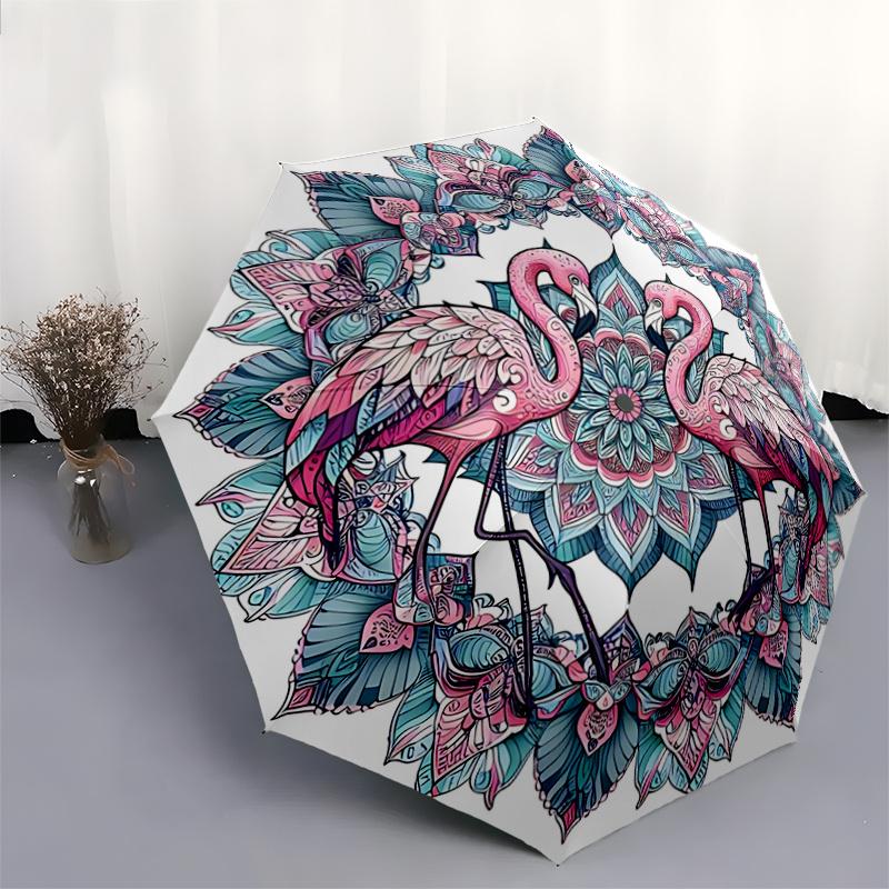 1pc Two Flamingos Automatic Opening and Closing Umbrella, Lightweight 3-Fold, With Cute Cartoon Characters, Suitable for Home, Outdoor and Daily