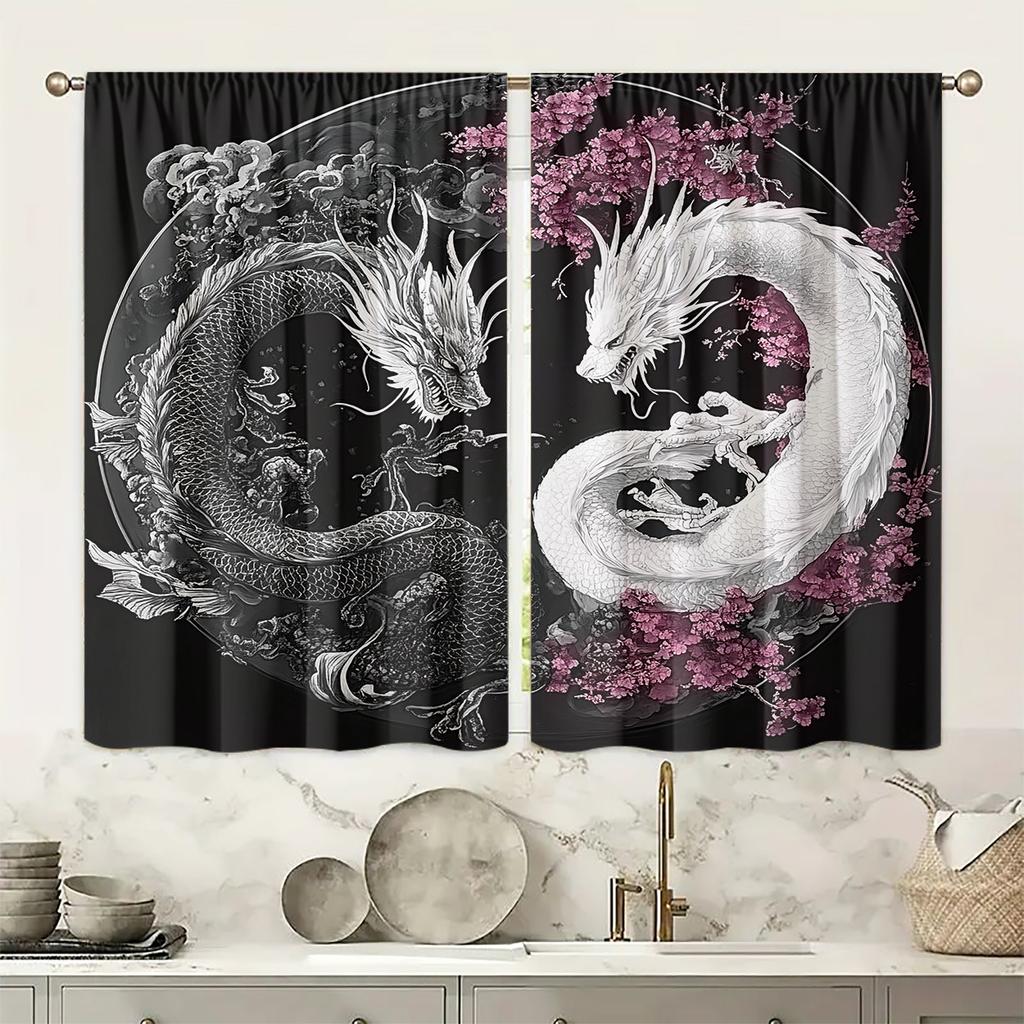 Polyester Curtain 2pcs Polyester Filter Curtain HD Digital Black and White Dragon Pattern for Home Decoration