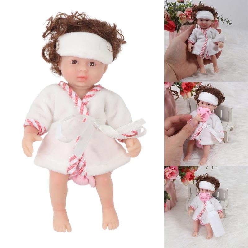 6'' Reborns Doll Mini Newborn Girl Doll Full Body Soft Silicone Life Like Doll with Brown Hair Realistic Doll Baby Toy