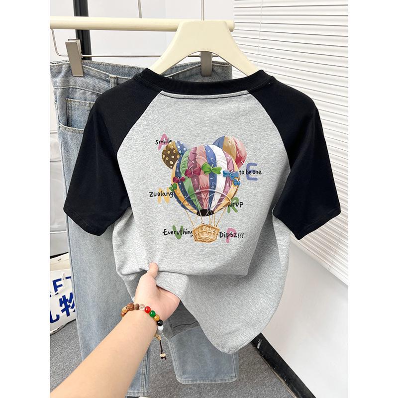 

Футболка в корейском стиле с мультяшным принтом и рукавами реглан в стиле колор-блок - Женский летний хлопковый топ L