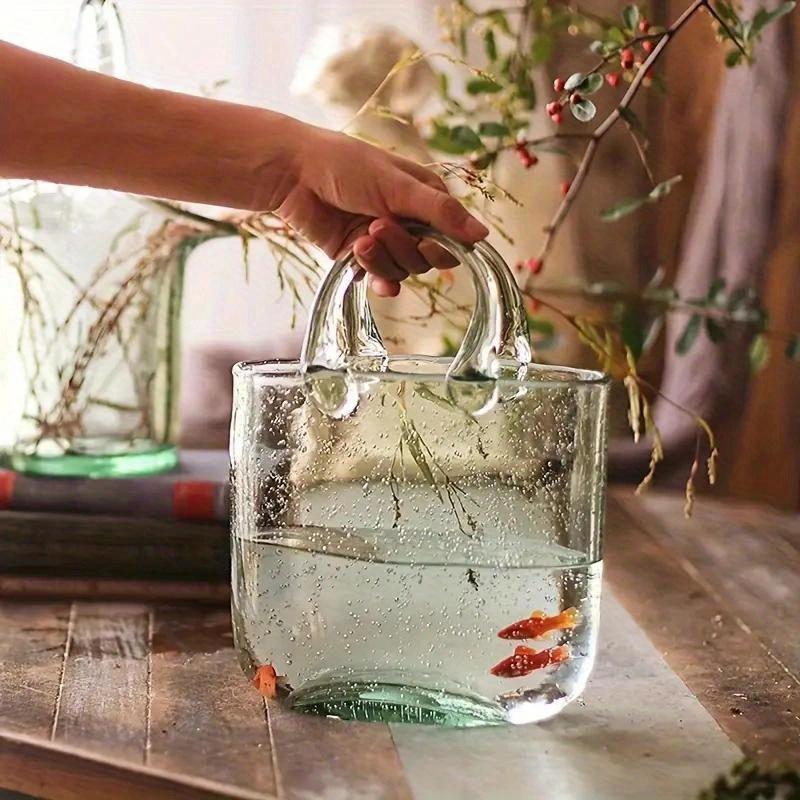 Vase en Verre Chic en Forme de Sac à Main avec Anse - Vase à Fleurs Transparent Multifonctionnel pour Hydroponie & Décoration Intérieure