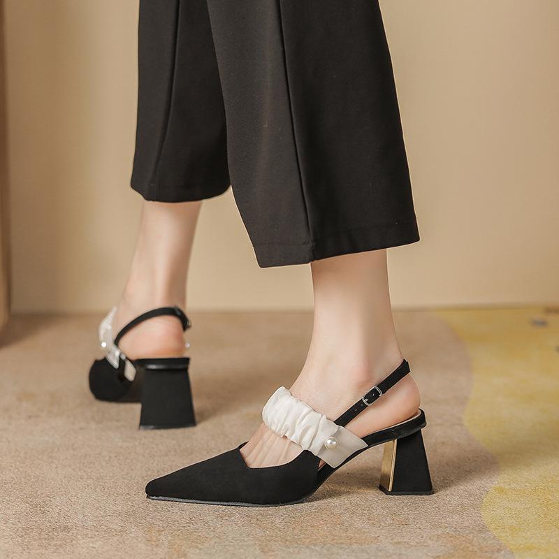 Black high heels women's summer shallow mouth pointed head commuting thick heel bag head sandals women's French style