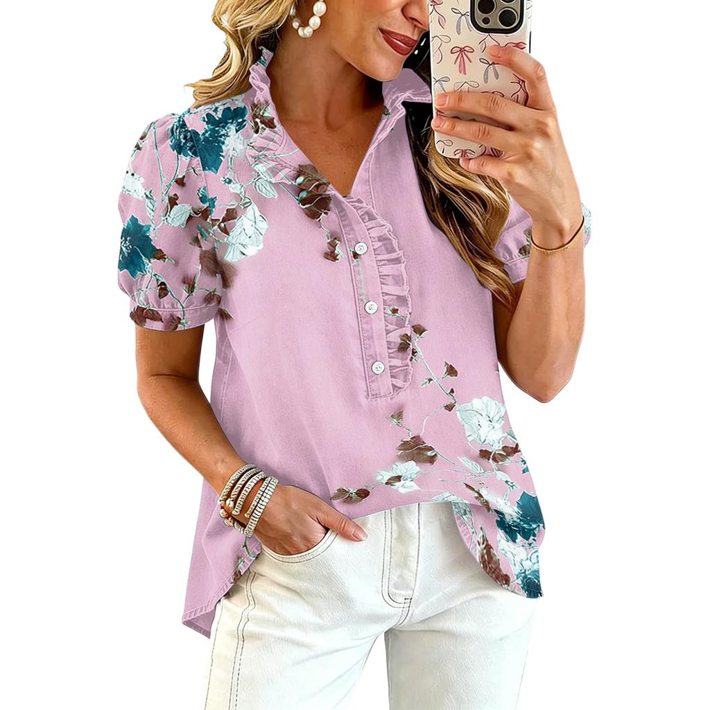 Women Ruffle V Neck Floral Print Short Sleeve Blouse Casual Loose Fit Button Down Top for Daily Office Wear