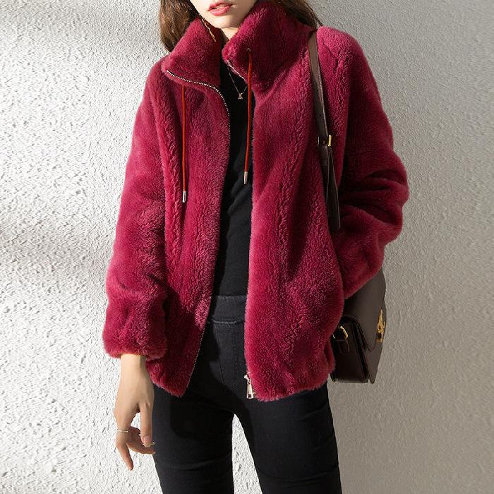 Short coral fleece jacket women's new casual versatile solid color stand-up collar trendy clothes