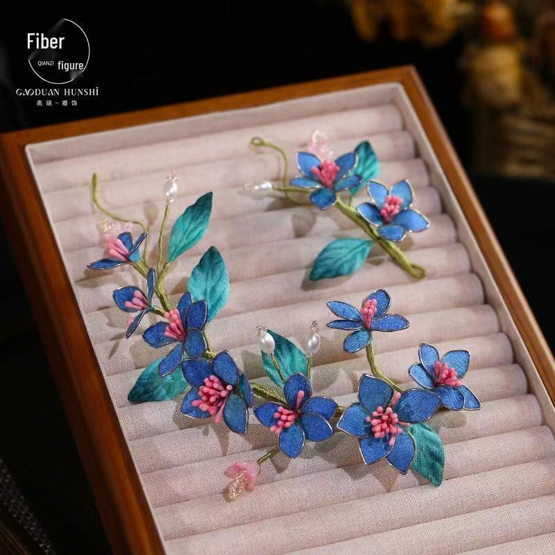 Original New Style Blue Hanfu Headdress: Ancient Classical Flower Hairpin Accessories
