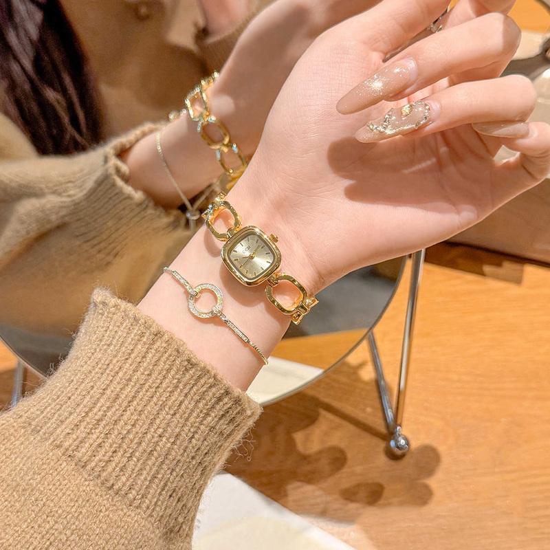 GEDI Light Luxury Fashionable Watches For Woman Gold Square Dial Hollowed Out Bracelet Women's Quartz Wristwatches Clock Gifts
