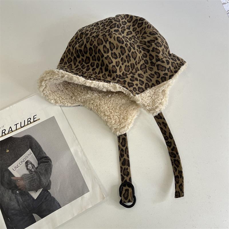 Retro Autumn and Winter Warm Leopard Print Lei Feng Hat Women's Plush Cycling Ear Protection Big Head Circumference Pilot Hat Men Show Small Face