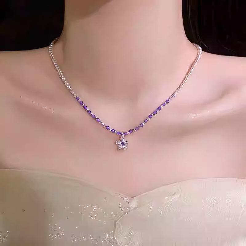 Glass, pearl, broken silver, zircon flower pendant, necklace, accessories, high-end fashion collarbone chain, new items.