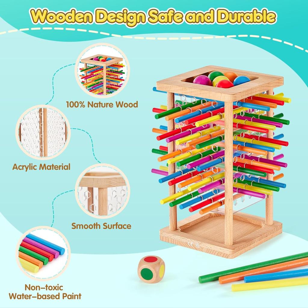 Montessori Game Wooden Board Game, 48 Colorful Sticks Dice Game for 3 4 5 6 Year Old, Kerplunk Game for Kids Math Educational Toys for 3 Years Old,
