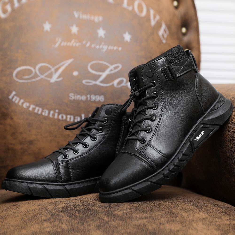 Autumn Cheap Mens Black Boots Trendy Comfortable Casual Leather Boots Men High-top Lace-up  Work Boots For Men Botas Para Hombre