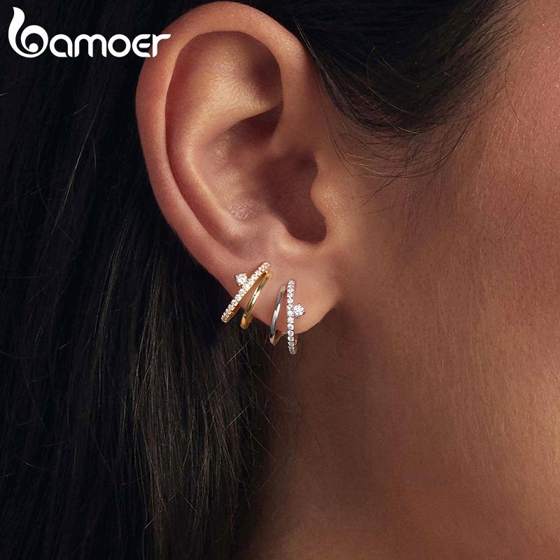 BAMOER Moissanite Detachable Stud Earrings, Double Layer Hoop Shape Earrings D Color Round Cut 925 Silver for Women