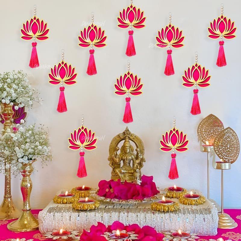 Lotus Hangings, Pack of 10 | Pink | Decoration Home Decor Wall Door Mandir Pooja Room, Pink Lotus Tassel Wall Hanging, Wedding Backdrop Decorative