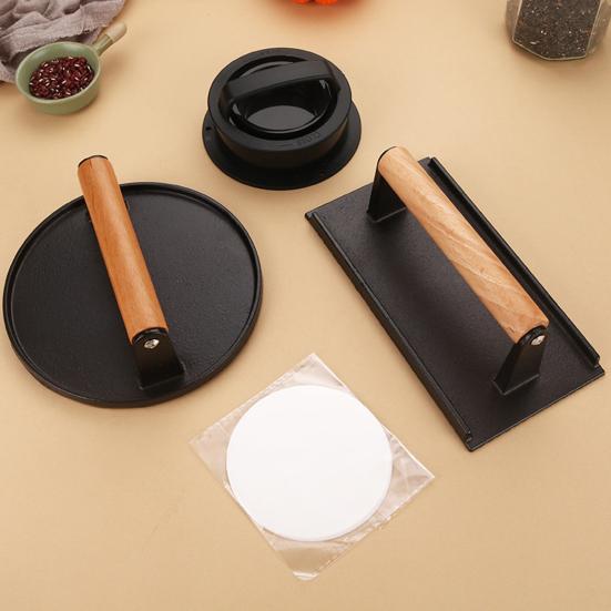 2Pcs Cast Iron Meat Press with Wood Handle Heavy-Duty Bacon Burger Smasher for Grill Griddle Skillet Rust-Proof Round Rectangular Professional BBQ