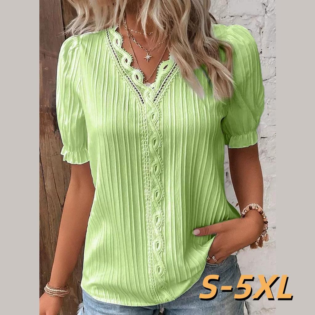 Summer Vacation Fashion Hollow V-neck Lace Short-sleeved Women's Shirt