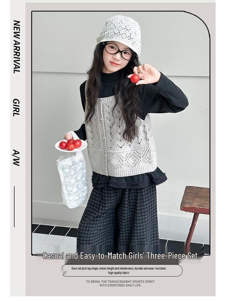 Girls' Plaid Wide-Leg Pants 3-Piece Set for Spring/Autumn 2025