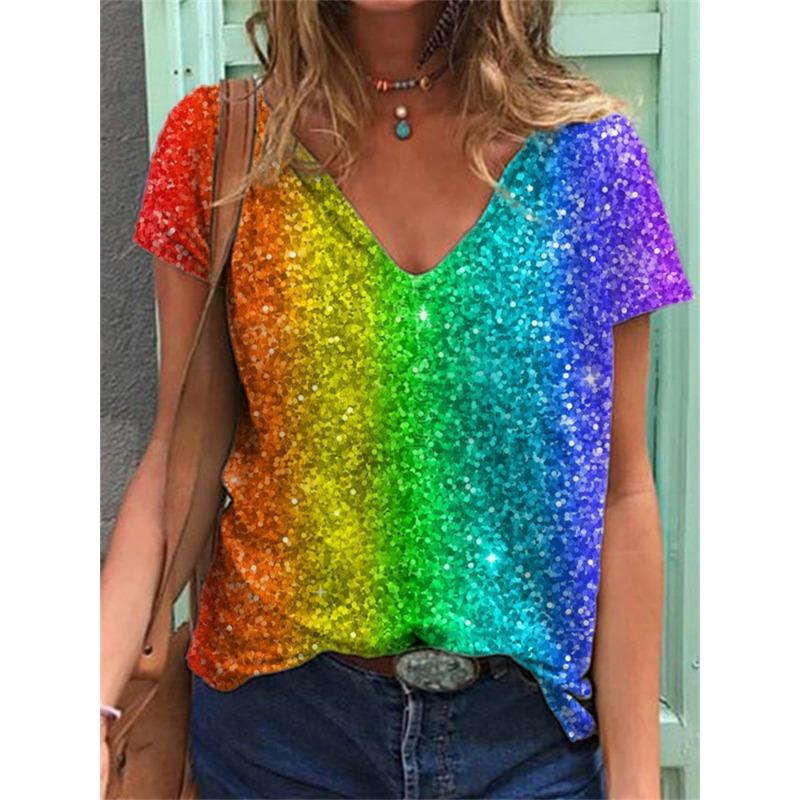 Summer V-neck 3D Cat Flower Colorful Printed Top Fashionable Casual Short Sleeved Women's T-shirts