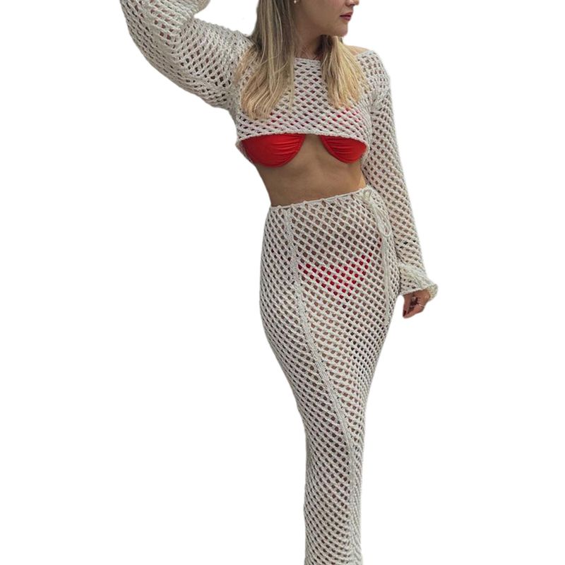 

Sexy Temperament Twinset Fashion Style Women s Short Midriff Outfit Long Sleeves Knitwear High Waist Hip Bag Skirt Suit White S