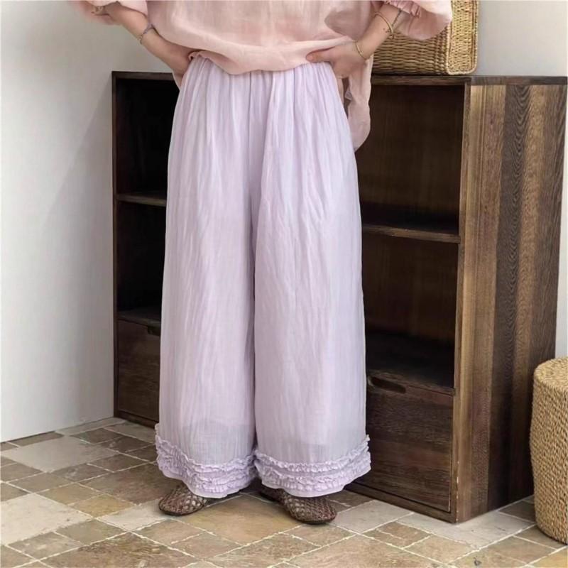 Johnature Lace Women Straight Leg Pants Vintage Solid Color Loose Casual Mori Elastic Waist Women Pants