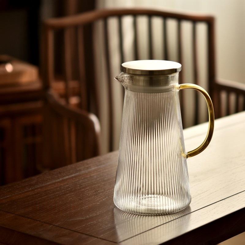 Simple Vertical Pattern Cold Water Kettle Stainless Steel Lid Household Hospitality Glass Pot Brewed with Fruit Tea Drink Cold White Cold Water Kettle