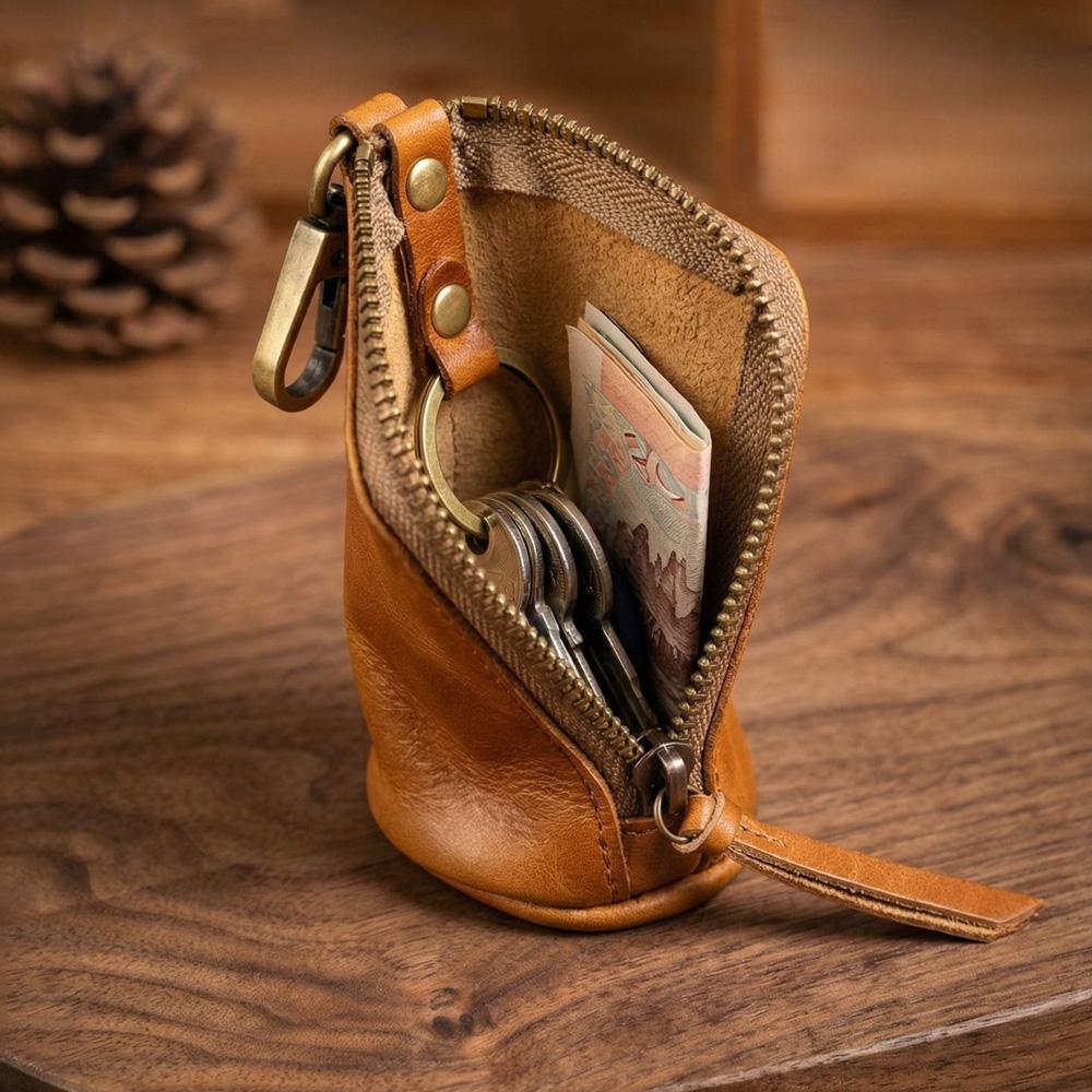Vintage Genuine Leather Key Holder Zipper Key Wallet Case Cowhide Coin Purse Handmade Keychain Pouch for Men Women