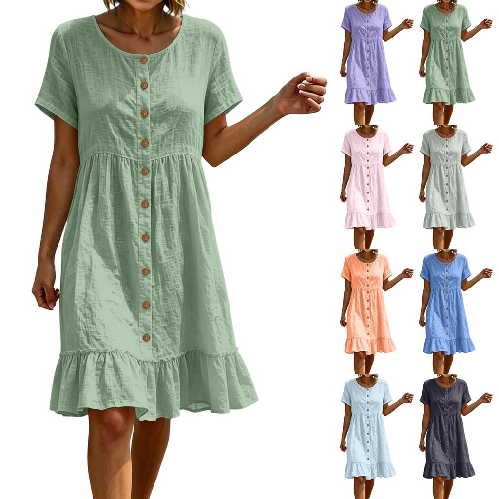 Women's Summer Casual Loose Fit Dress Short Sleeve Round Neck Button Front Midi Dress with Ruffle Hem Lightweight Comfortable Fabric
