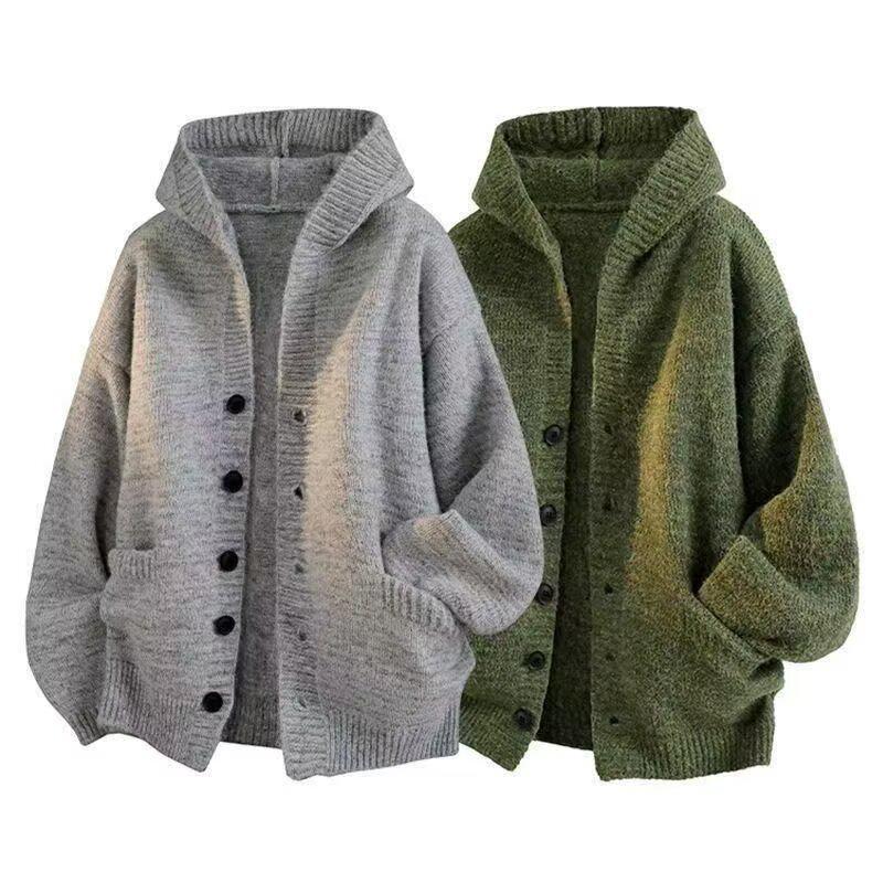 2025 Men's & Women's Dark Gray Hooded Knit Cardigan - American Style Casual Sweater for Autumn & Winter.