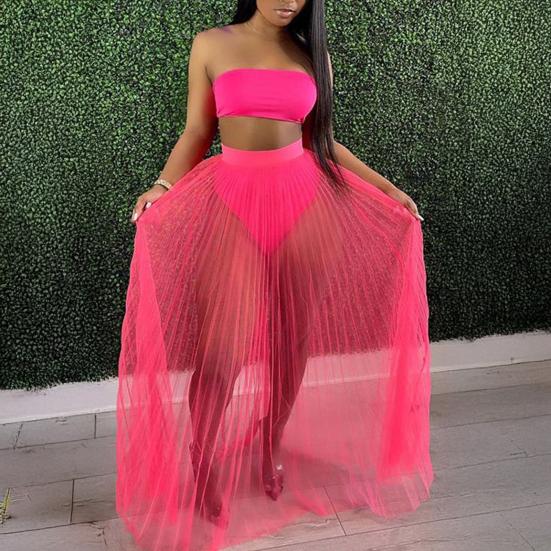 3Pcs/Set Vest Skirt Set Sexy Bandeau Tops High Waist Briefs Mesh Pleated Long Skirt Set Solid Color Outfit