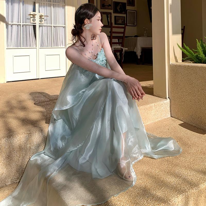 French Vacation Suspender Dress Fairy Summer One-word Collar Off-the-shoulder Cake Dress Seaside Vacation Mopping Dress S