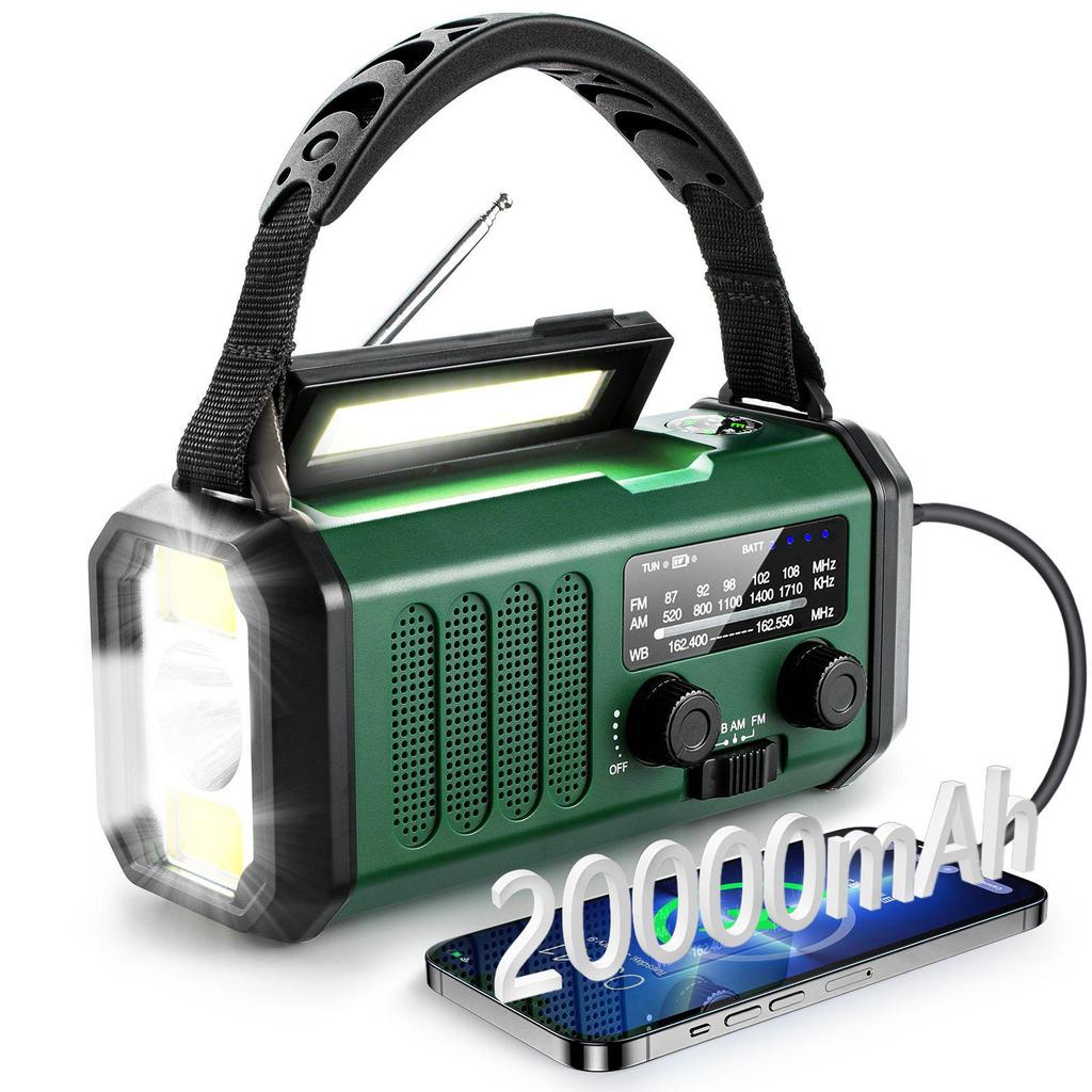 20,000mAh High-Capacity Hand-Crank Solar Radio with Flashlight, Reading Light, and SOS Emergency Alert.