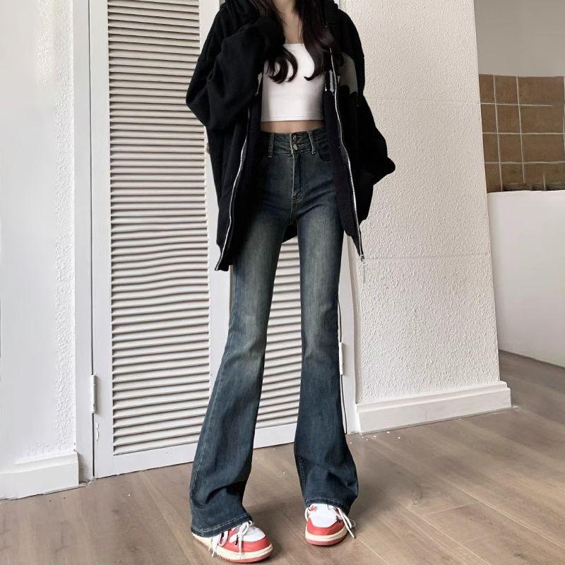 Cement Grey High Waist Slightly Flared Jeans for Women's Spring New Double Button Design Stretch Slim and Versatile Flared Pants