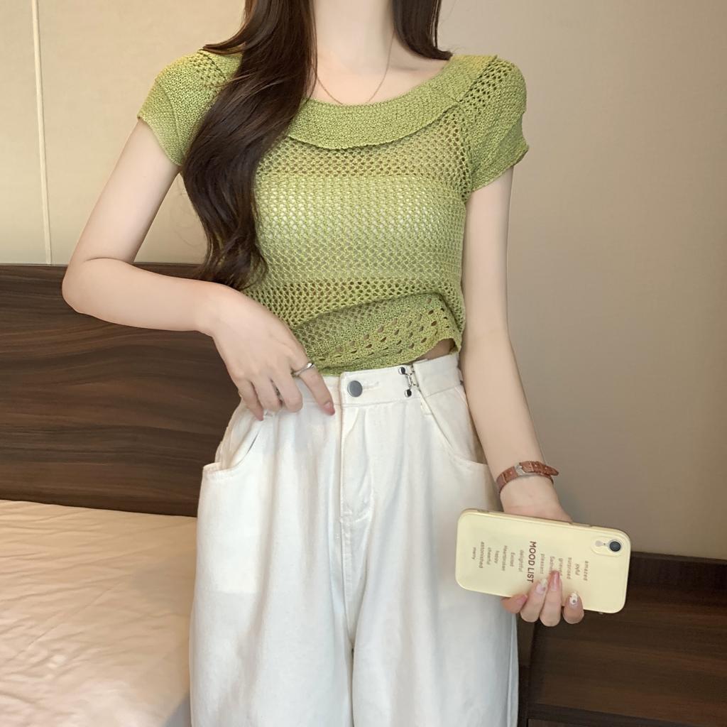 Xiaofei Sleeve Round Neck Hollow U-neck Versatile Female Summer Thin Knit Shirt Design Sense Niche Short Tops Casual Essential Slim Fit Pullovers Tees