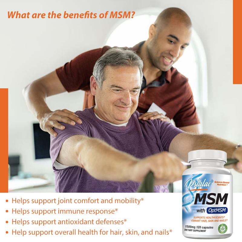 Pslalae contains MSM supplements to support joint health, boost the immune system, has antioxidant properties, and is non-GMO.