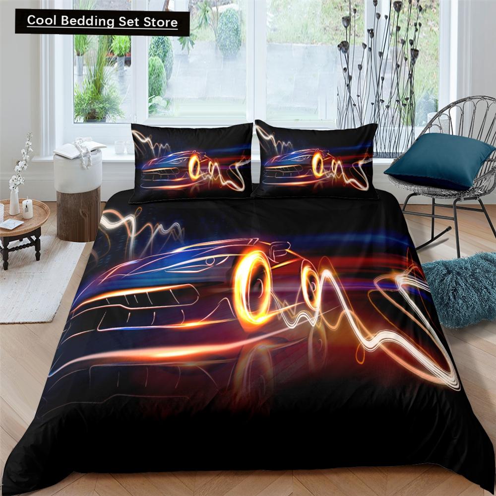 3D Car King Queen Duvet Cover Vintage Lightweight Train Bedding Set for Teens Adult Racing Supercar 2/3pcs Polyester Quilt Cover