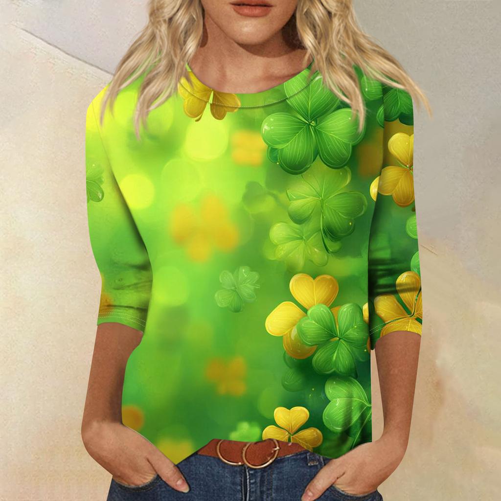 Damen Modisches Lässiges Dreiviertelarm Bedrucktes Rundhals-Top