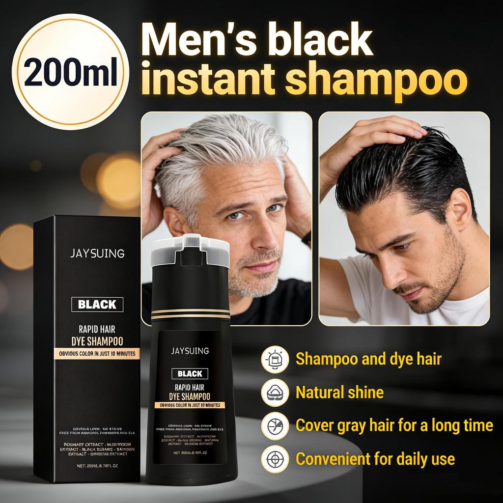Jaysuing Men Black Instant Shampoo Natural Shine Nourishing Hair Color Shampoo No Mess Home Use 200ML