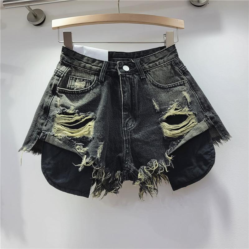 European Station Summer New Beggar Ripped Denim Shorts Women's High Waist Skinny Spice Girls A-word Burr Hot Pants